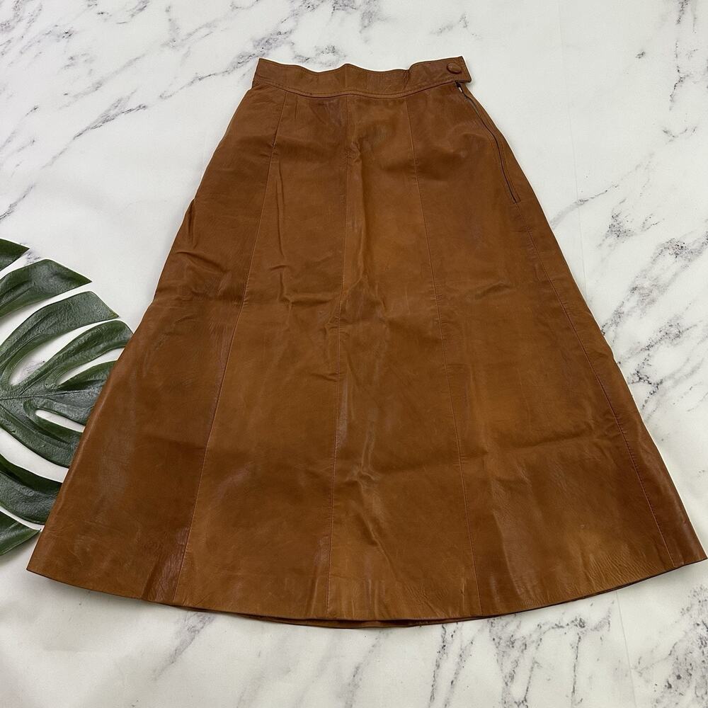 Neto Womens Vintage 90s Leather Midi Skirt Size 9/10 Brown A-Line Western